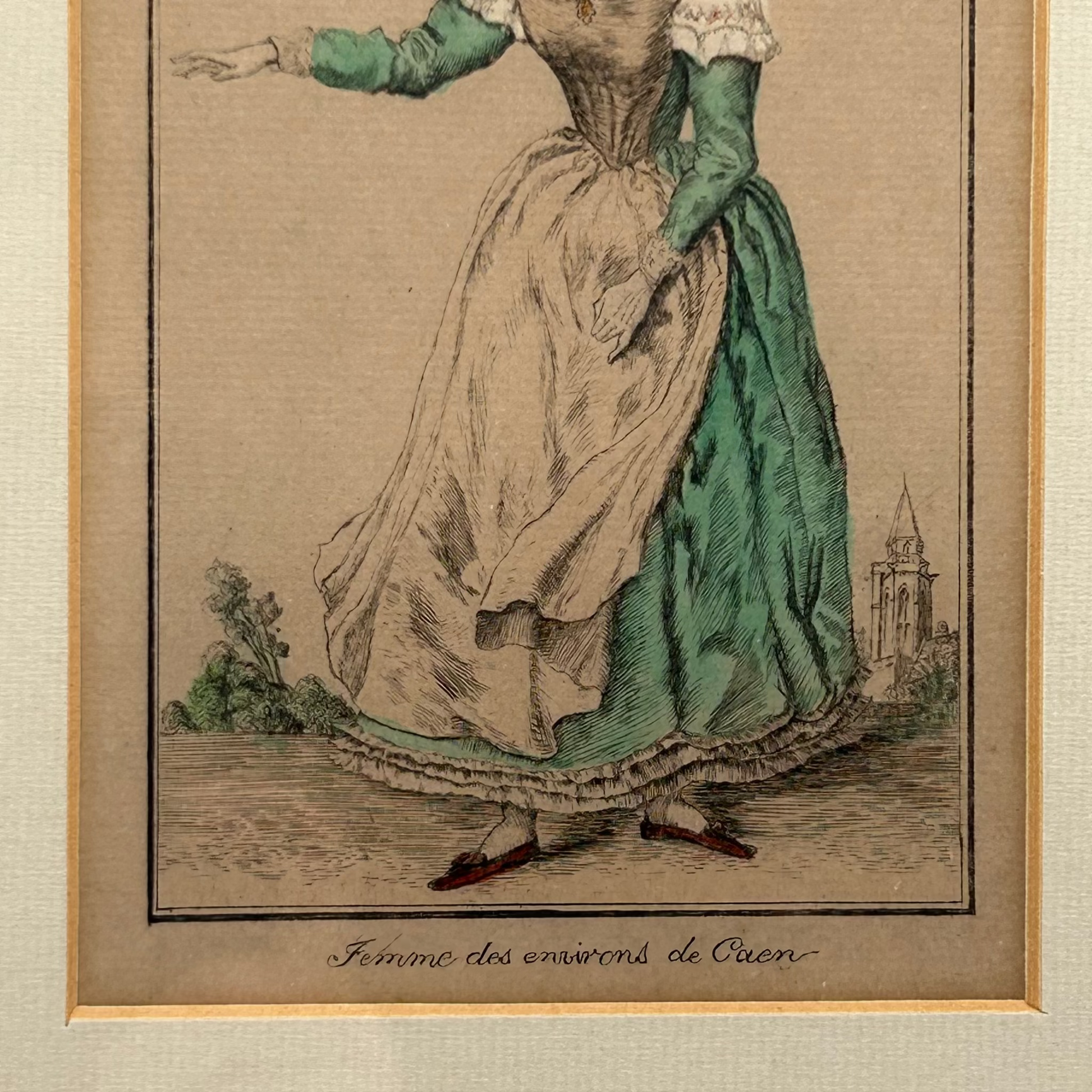antique print of a woman in a green & white dress with a beige background