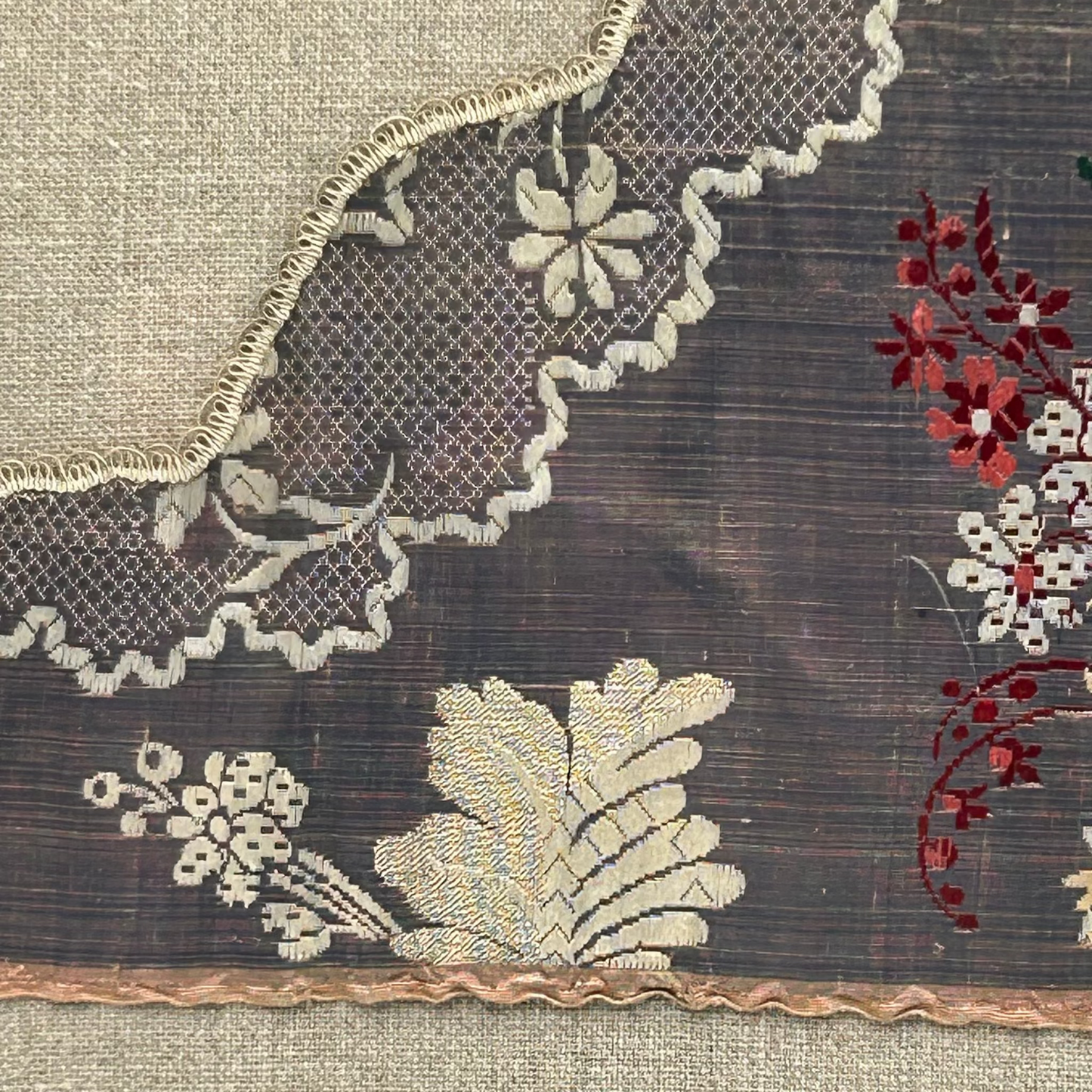 Close-up of embroidered fabric with floral patterns on a textured background