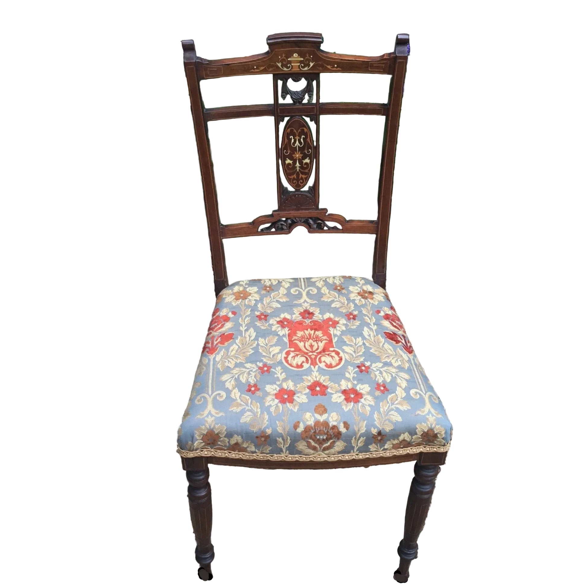Edwardian rosewood bedroom chairs which have been newly upholstered in Jim Dickens fabric