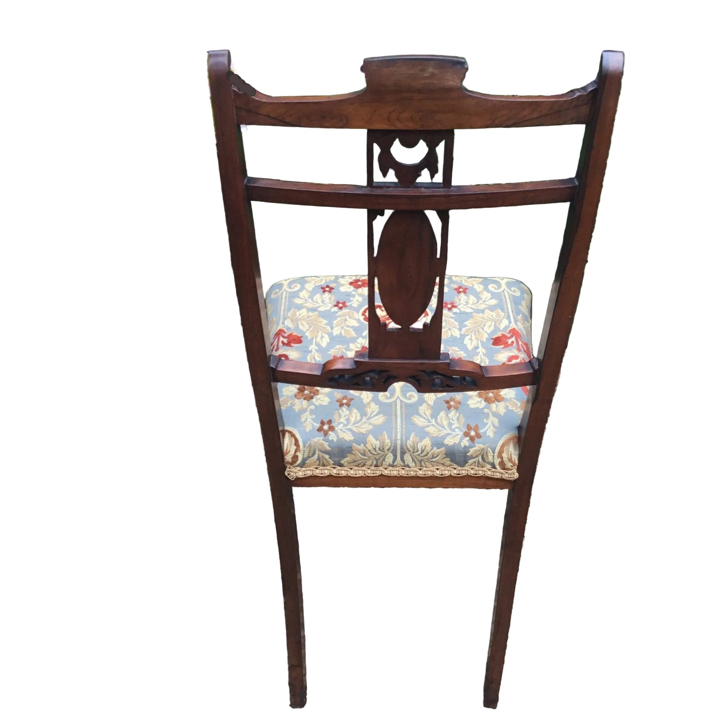 Back view of Edwardian rosewood bedroom chairs which have been newly upholstered in Jim Dickens fabric