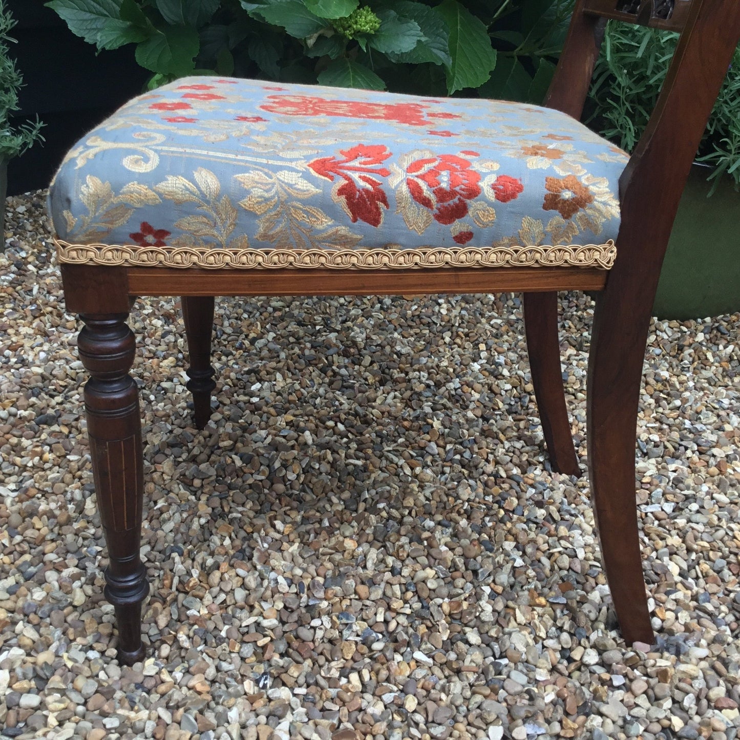 Edwardian rosewood bedroom chairs which have been newly upholstered in Jim Dickens fabric