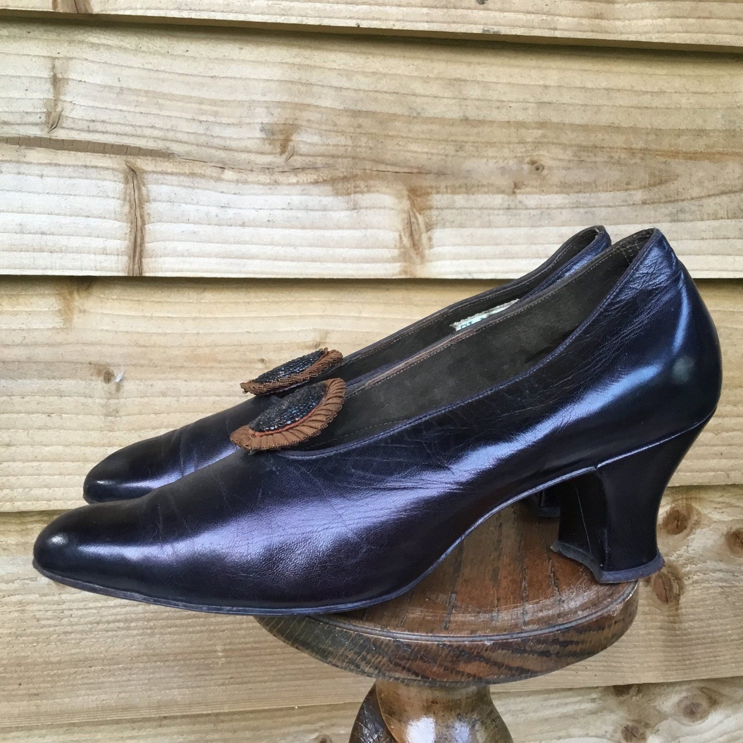 Antique 1910, 1920s Leather Shoes with beaded rosettes by Clark's Tor Street - Splendid Vintage World