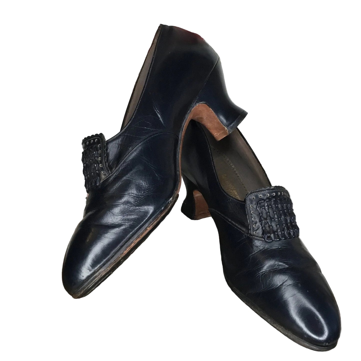 Dark Blue Leather Shoes: Louis Heels, Buckle adornment to vamp on white background- Splendid Vintage World