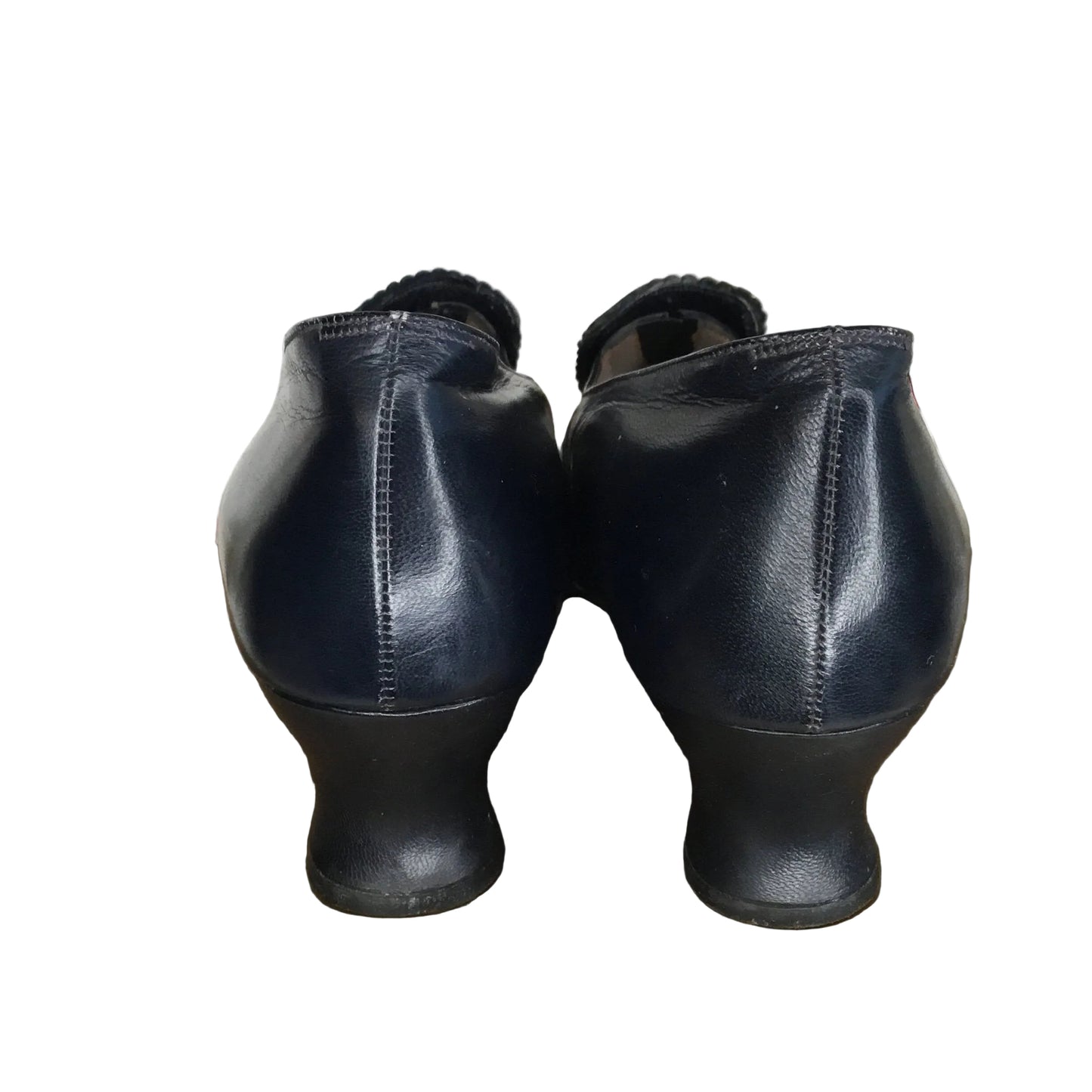 back view of Dark Blue Leather Shoes: Louis Heels, on white background - Splendid Vintage World