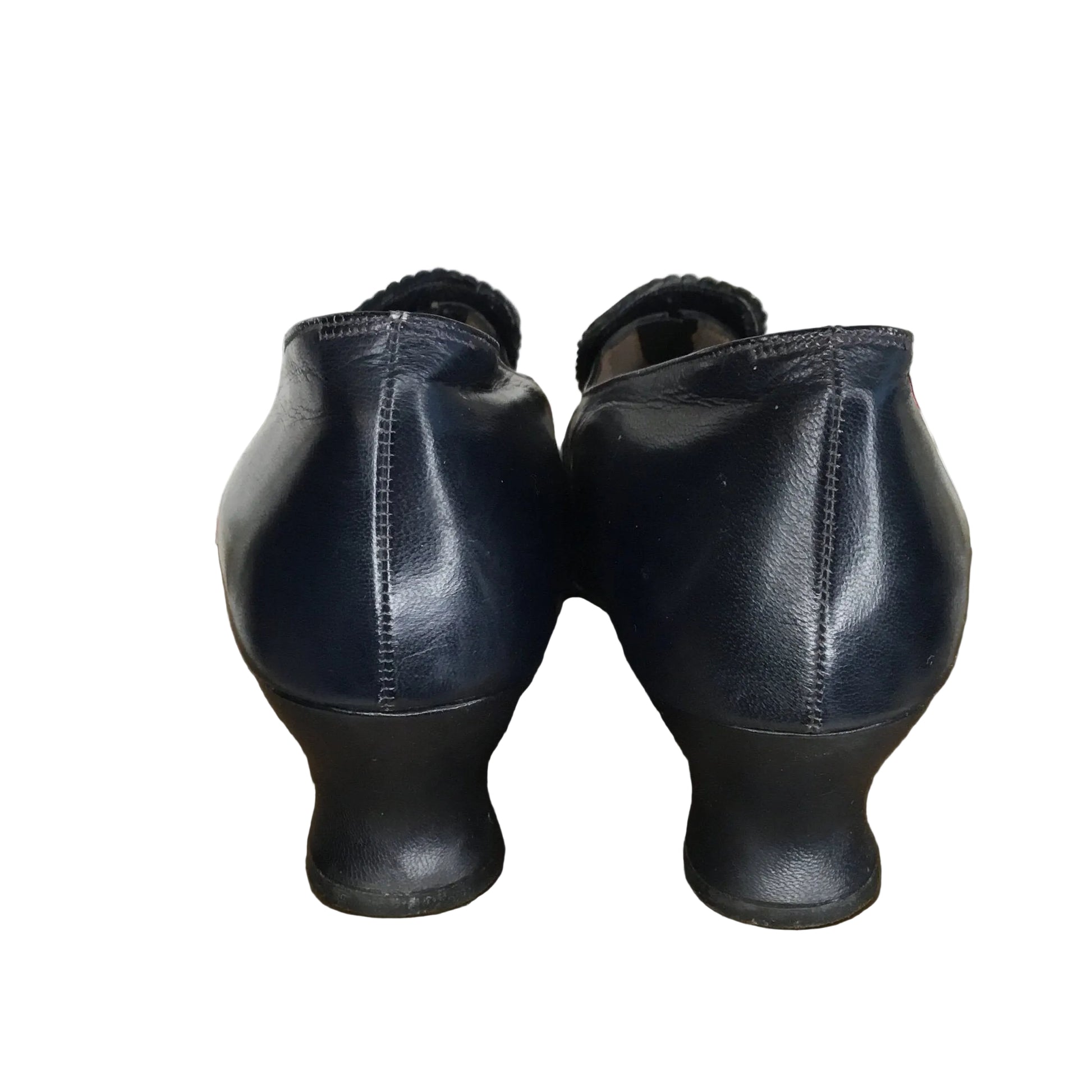 back view of Dark Blue Leather Shoes: Louis Heels, on white background - Splendid Vintage World