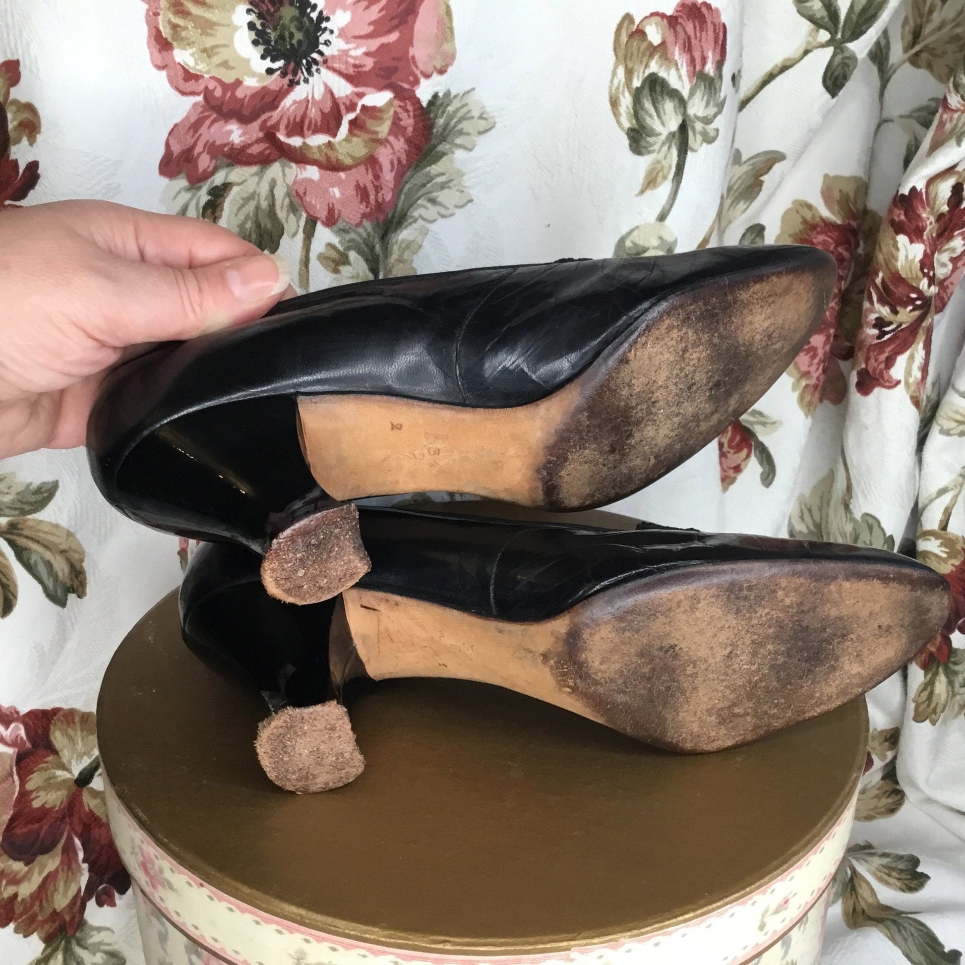 Antique Beaded Black Leather Shoes: 1920s R.L. Cowley & Son - Splendid Vintage World