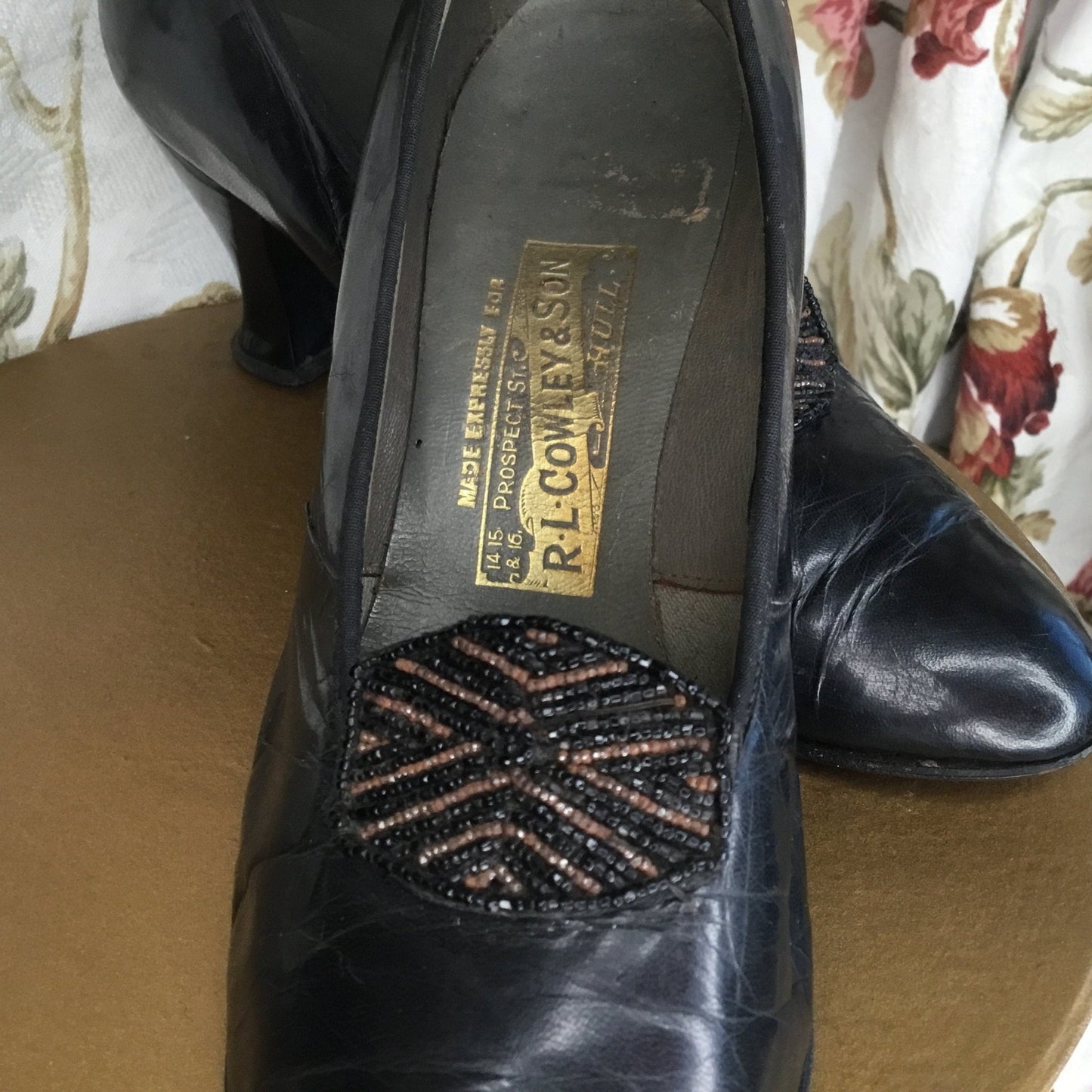 Antique Beaded Black Leather Shoes: 1920s R.L. Cowley & Son - Splendid Vintage World