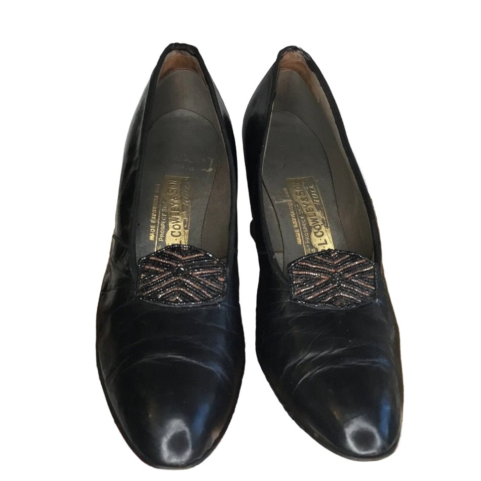 Antique Beaded Black Leather Shoes: 1920s R.L. Cowley & Son - Splendid Vintage World