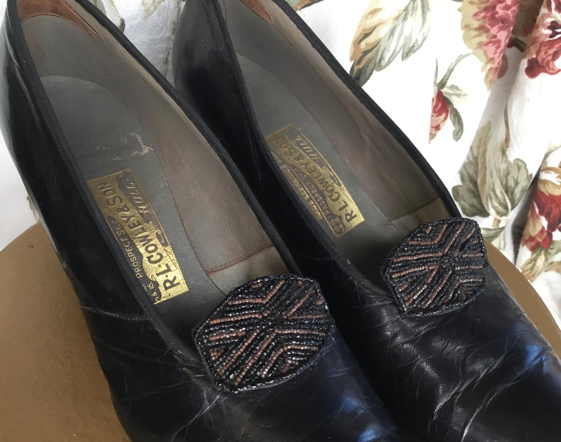 Antique Beaded Black Leather Shoes: 1920s R.L. Cowley & Son - Splendid Vintage World
