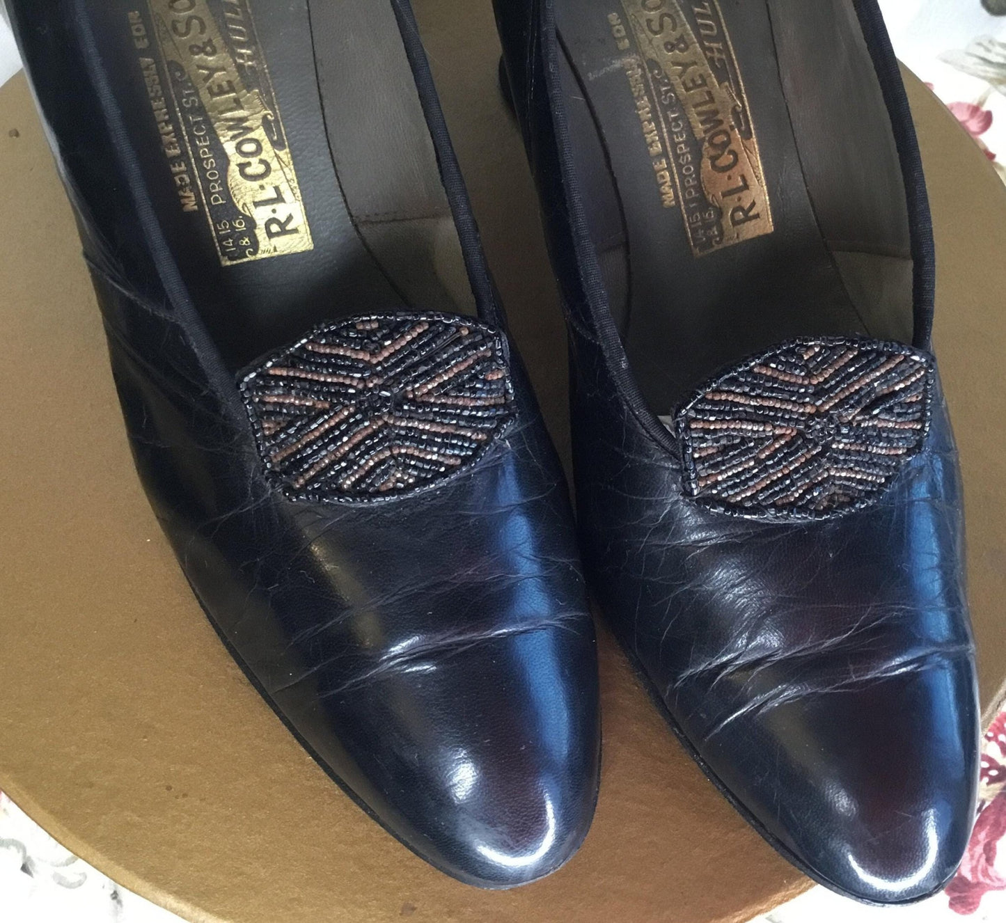 Antique Beaded Black Leather Shoes: 1920s R.L. Cowley & Son - Splendid Vintage World