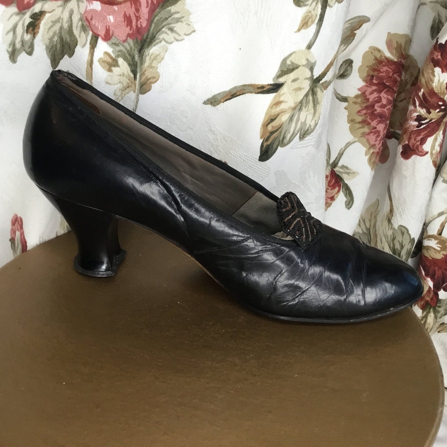 Antique Beaded Black Leather Shoes: 1920s R.L. Cowley & Son - Splendid Vintage World