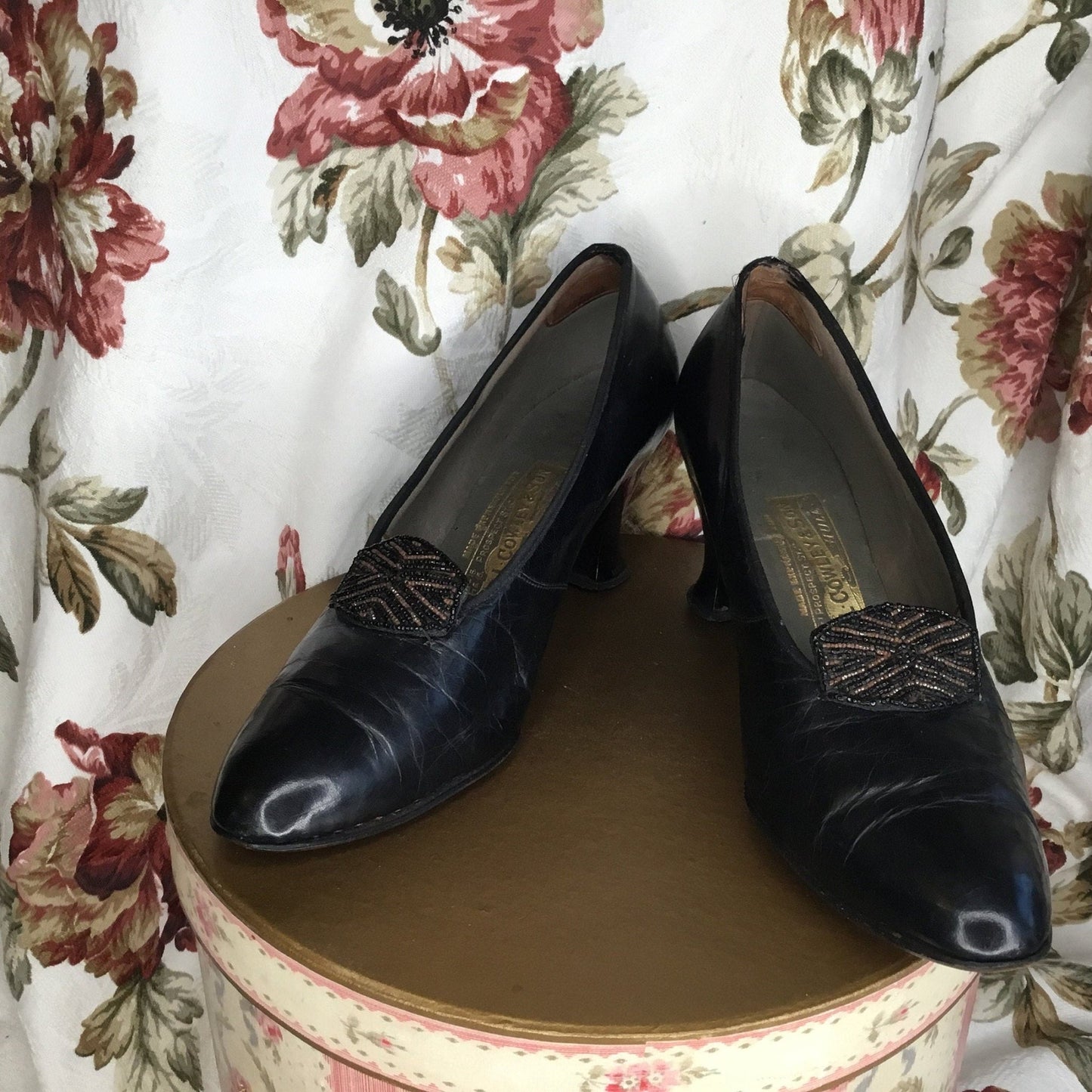 Antique Beaded Black Leather Shoes: 1920s R.L. Cowley & Son - Splendid Vintage World