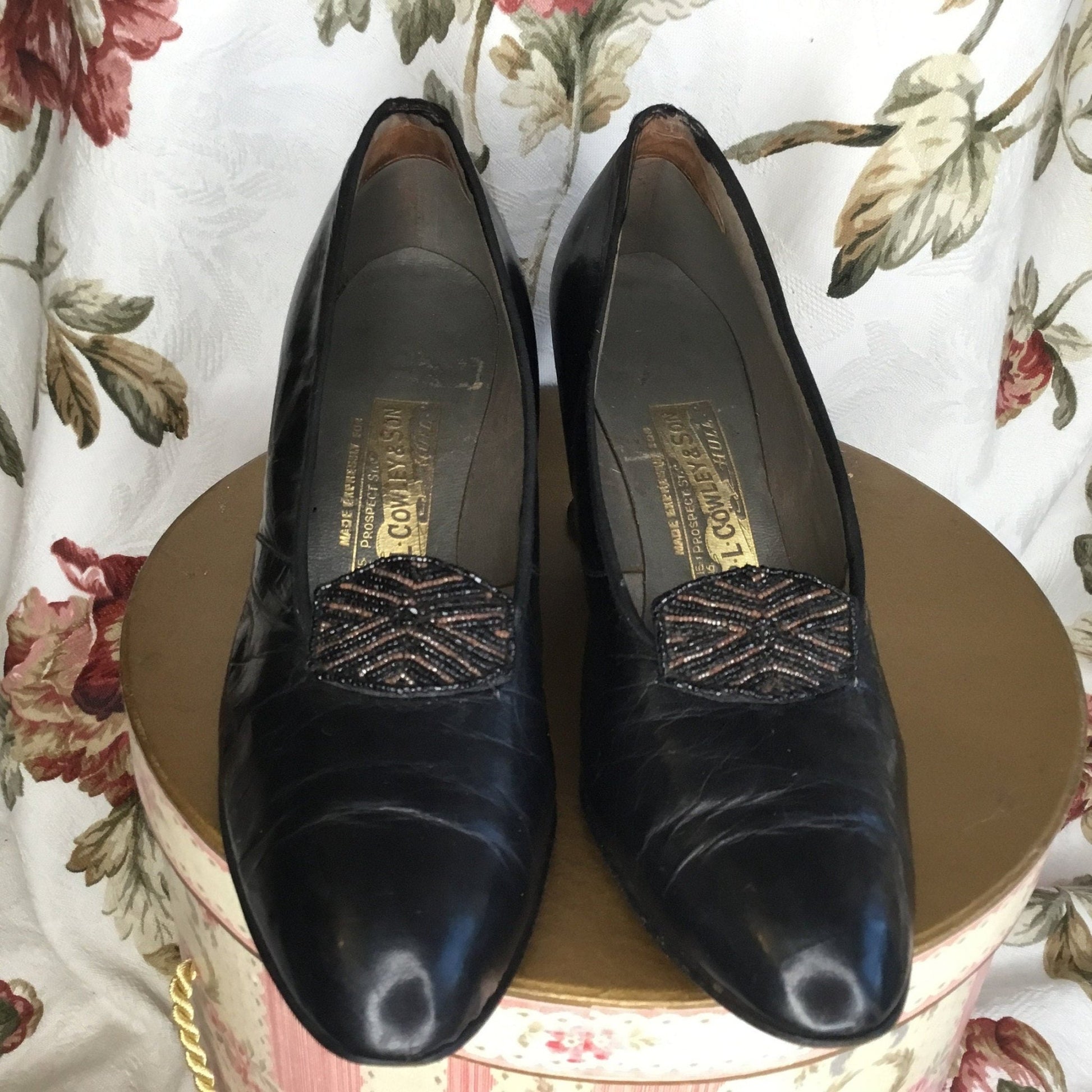 Antique Beaded Black Leather Shoes: 1920s R.L. Cowley & Son - Splendid Vintage World