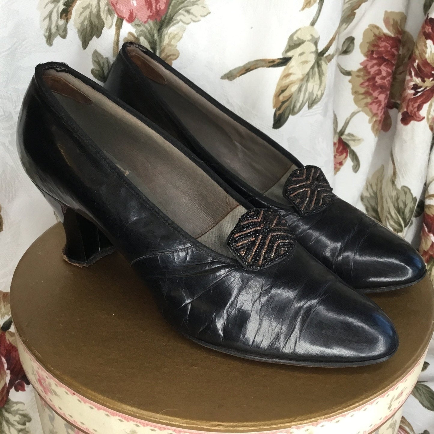 Antique Beaded Black Leather Shoes: 1920s R.L. Cowley & Son - Splendid Vintage World
