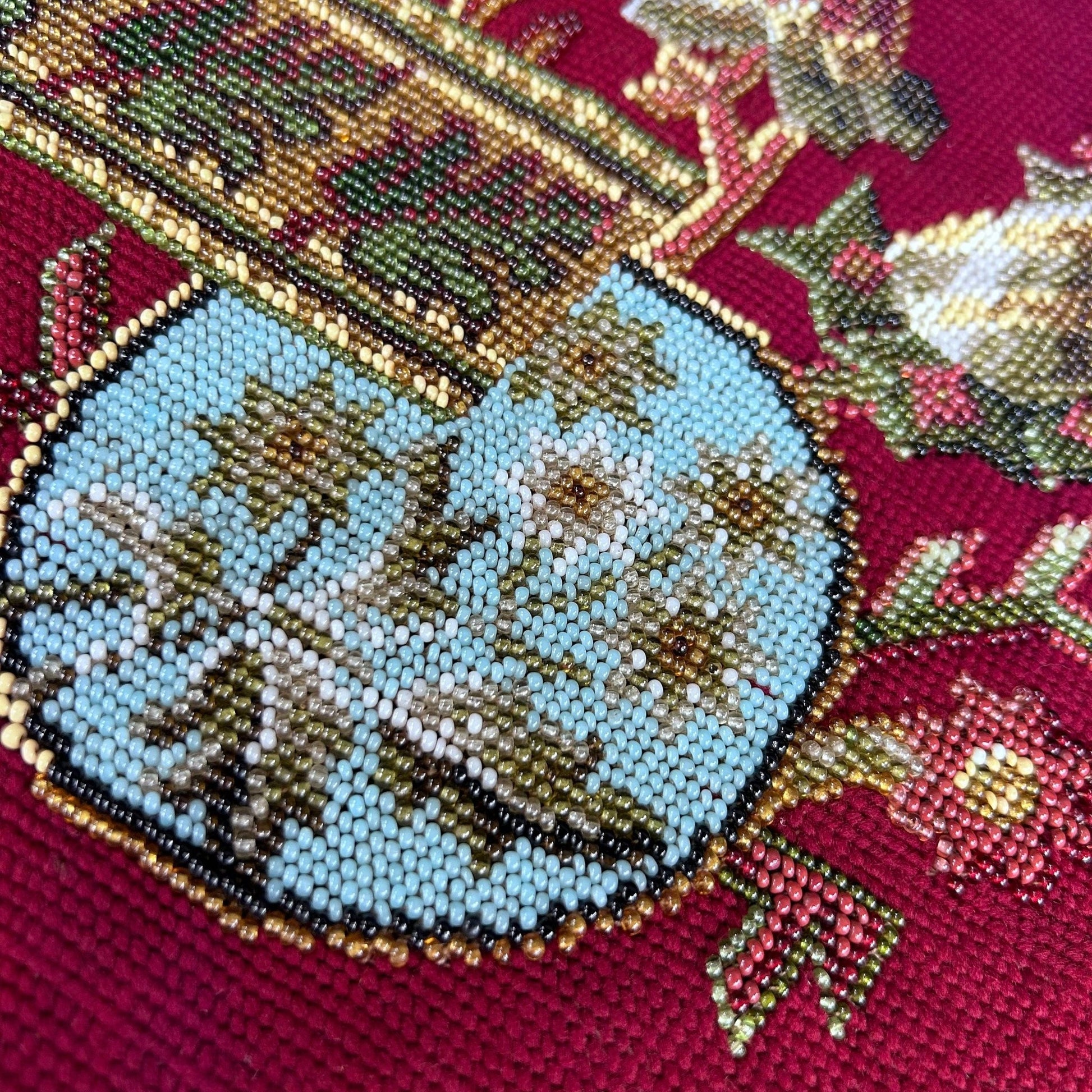 Close up detail of the Antique Beadwork & tapestry textile panel, which may have been a screen pole decorative panel