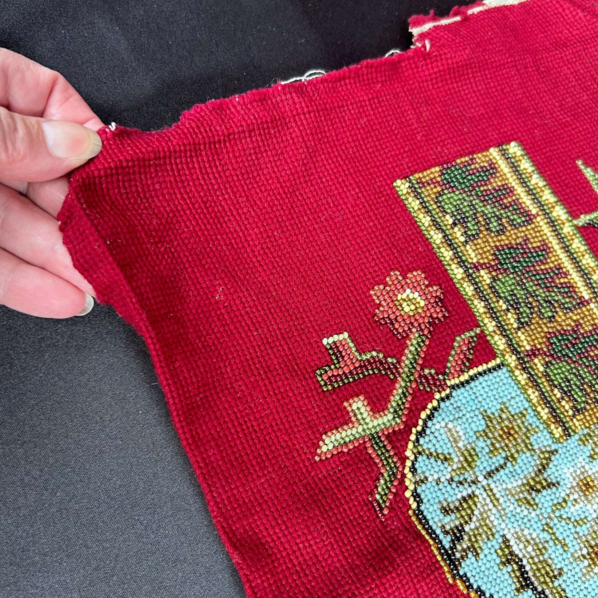 Corner detail of the Antique Beadwork & tapestry textile panel, which may have been a screen pole decorative panel
