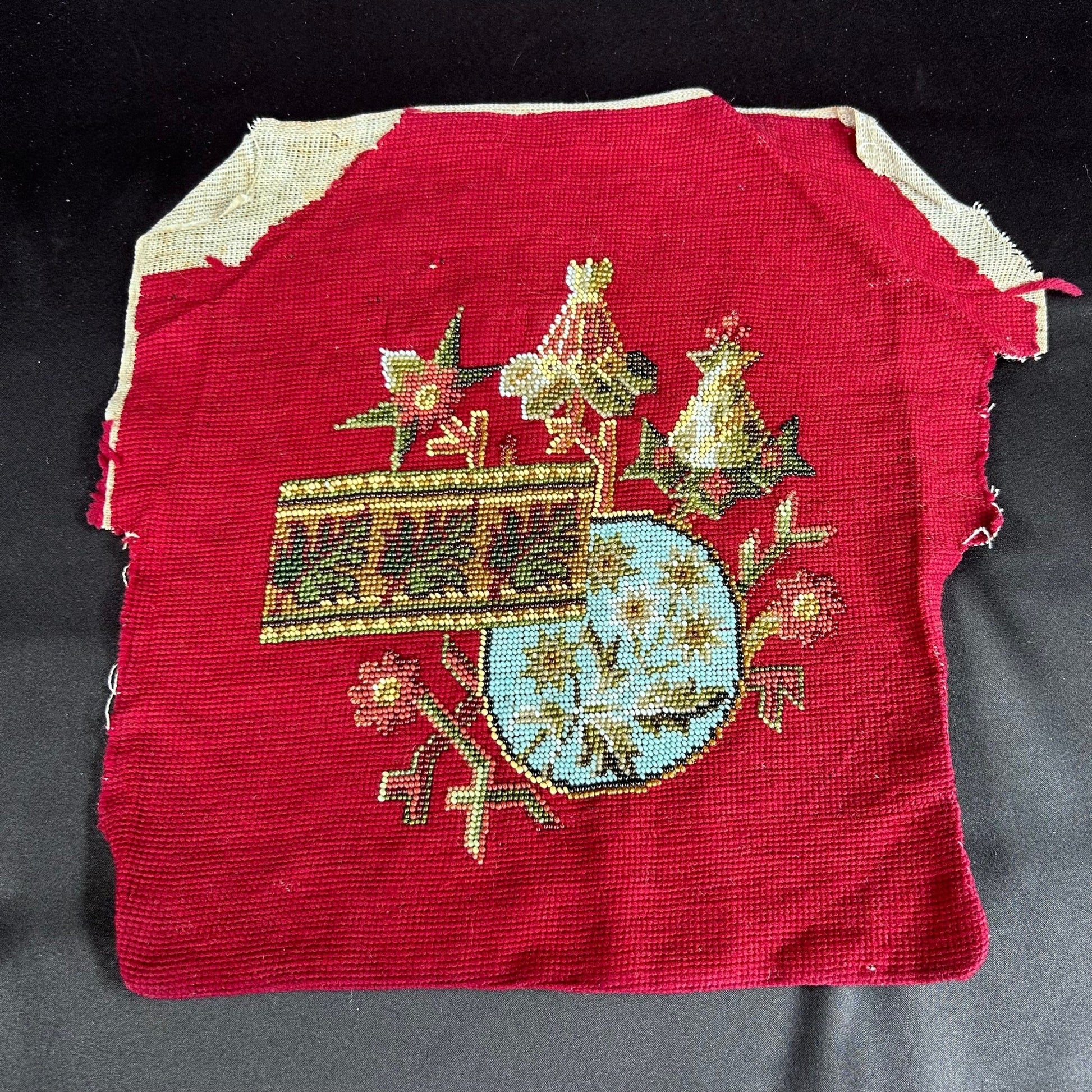 Antique Beadwork & tapestry textile panel, which may have been a screen pole decorative panel