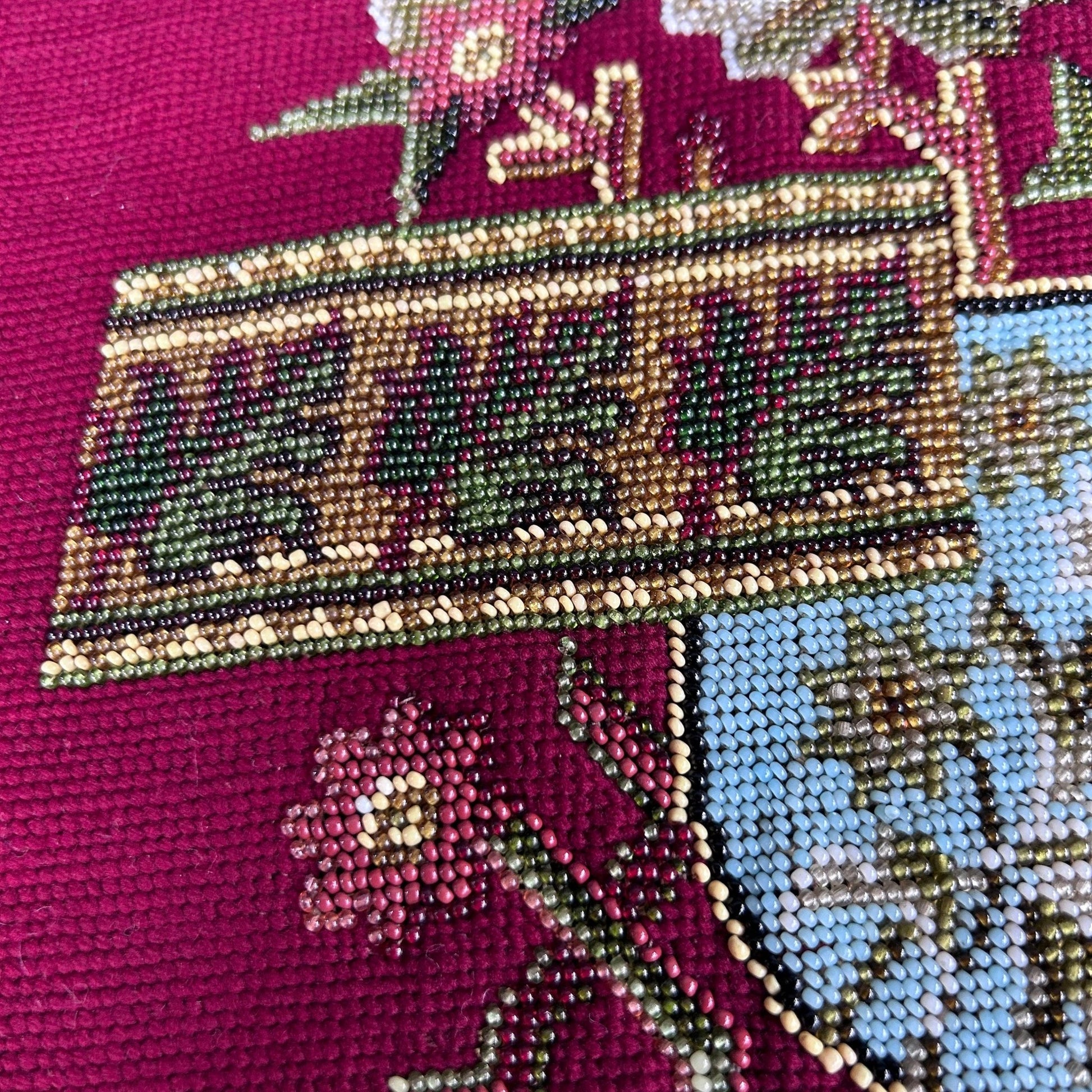 Close up detail of the Antique Beadwork & tapestry textile panel, which may have been a screen pole decorative panel