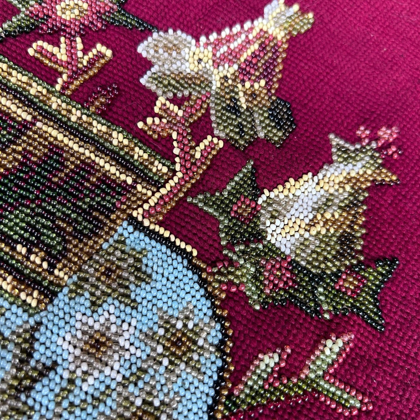 Close up detail of the Antique Beadwork & tapestry textile panel, which may have been a screen pole decorative panel