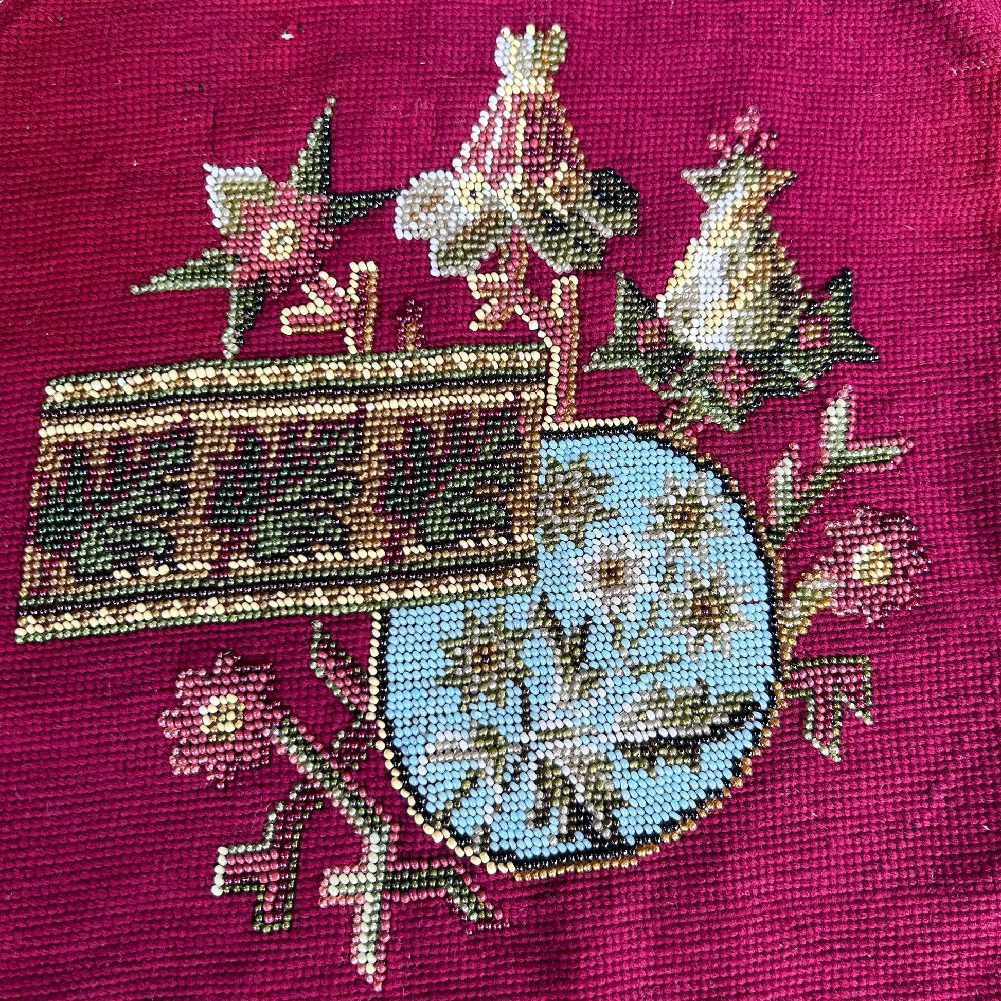 Close up detail of an Antique Beadwork & tapestry textile panel, which may have been a screen pole decorative panel