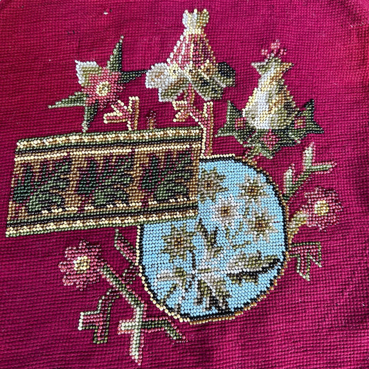 Close up detail of an Antique Beadwork & tapestry textile panel, which may have been a screen pole decorative panel