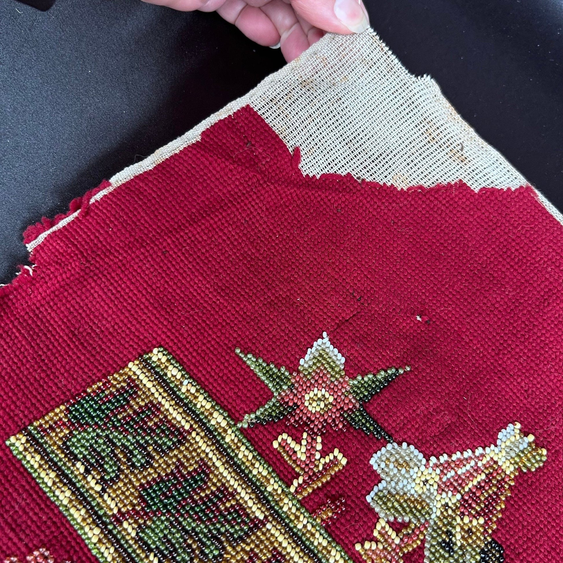 Close up corner detail of the Antique Beadwork & tapestry textile panel, which may have been a screen pole decorative panel