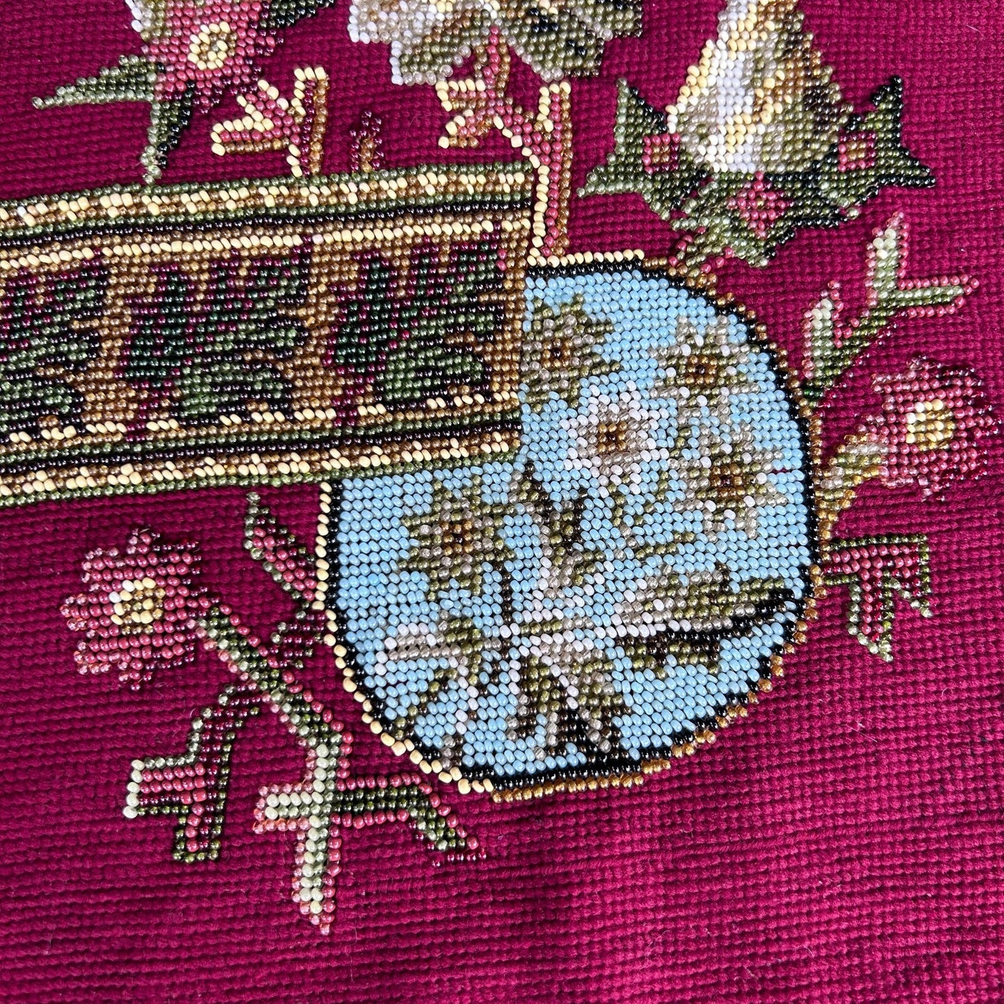 Close up detail of the Antique Beadwork & tapestry textile panel, which may have been a screen pole decorative panel