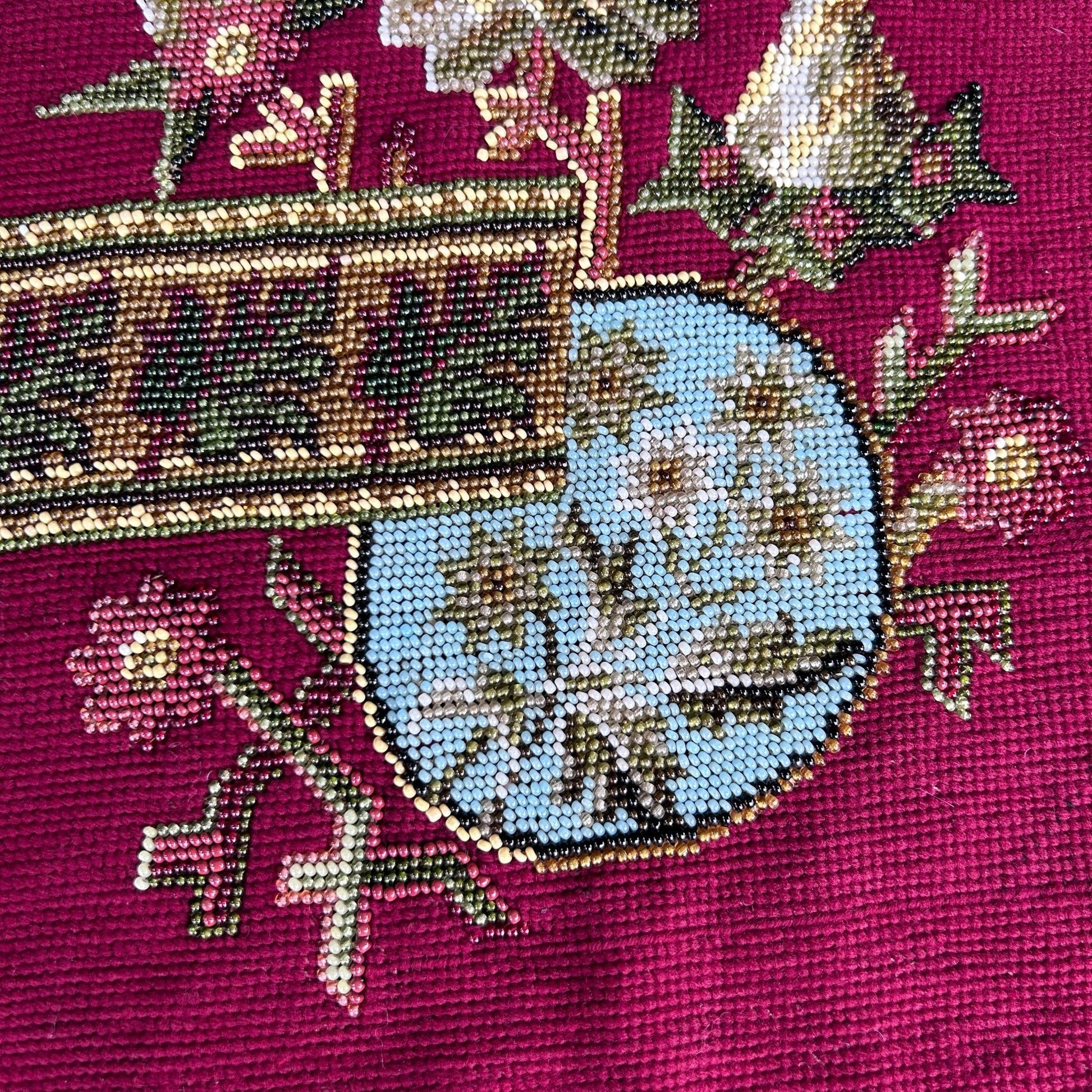 Close up detail of the Antique Beadwork & tapestry textile panel, which may have been a screen pole decorative panel