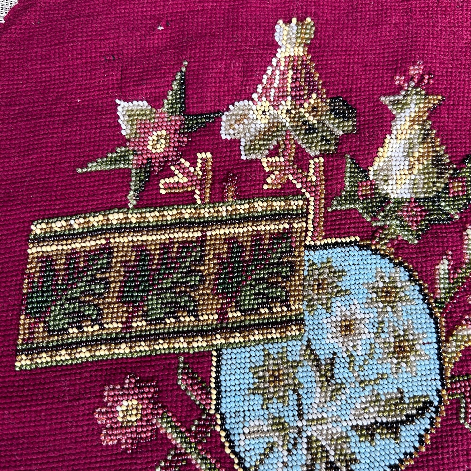 Close up detail of the Antique Beadwork & tapestry textile panel, which may have been a screen pole decorative panel