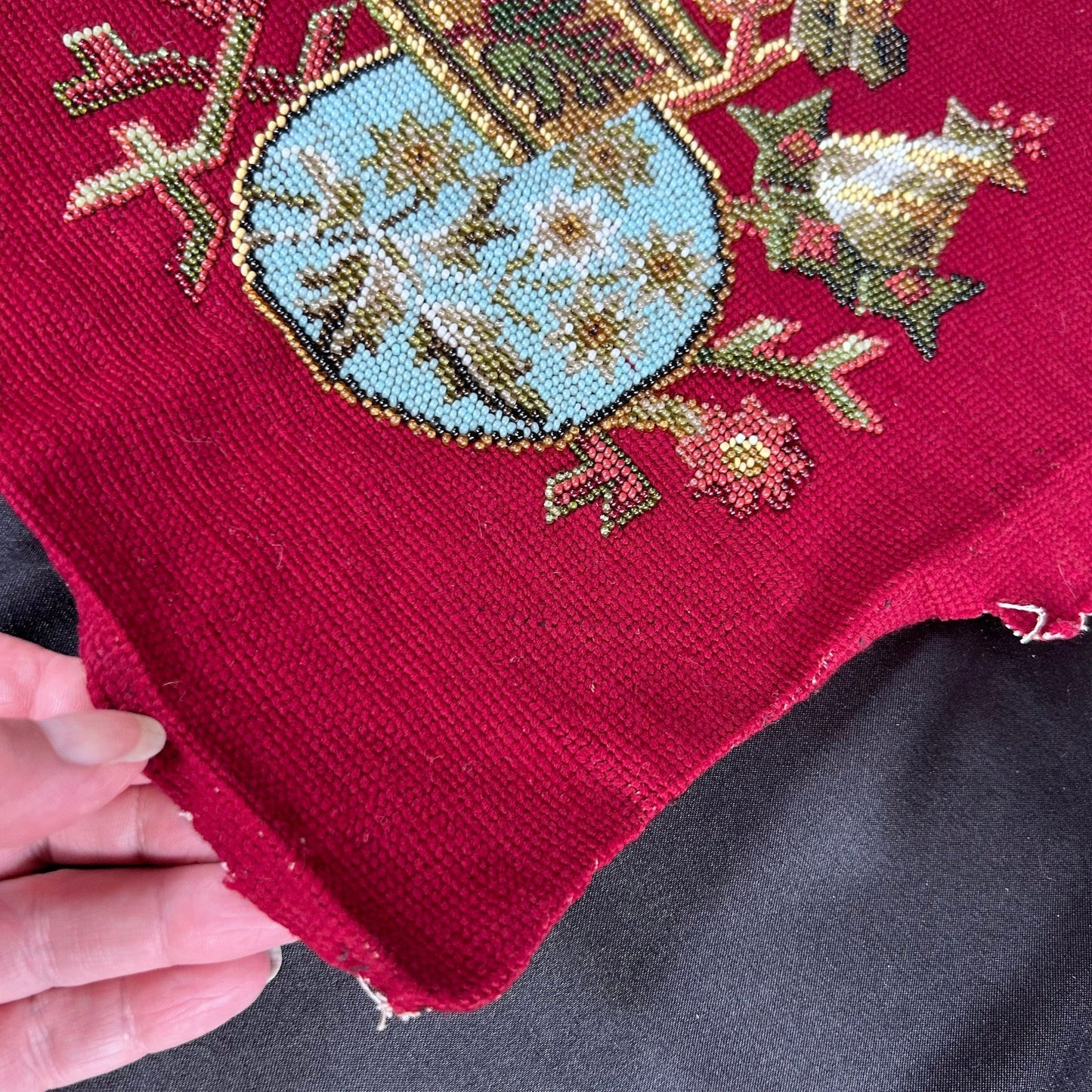 Corner detail of the Antique Beadwork & tapestry textile panel, which may have been a screen pole decorative panel