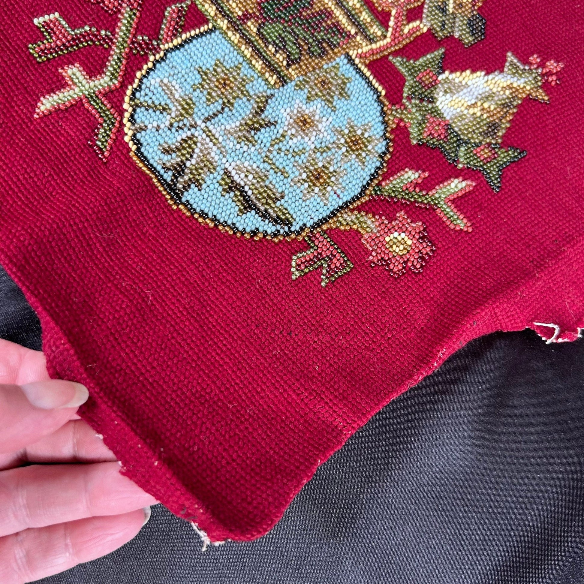 Corner detail of the Antique Beadwork & tapestry textile panel, which may have been a screen pole decorative panel