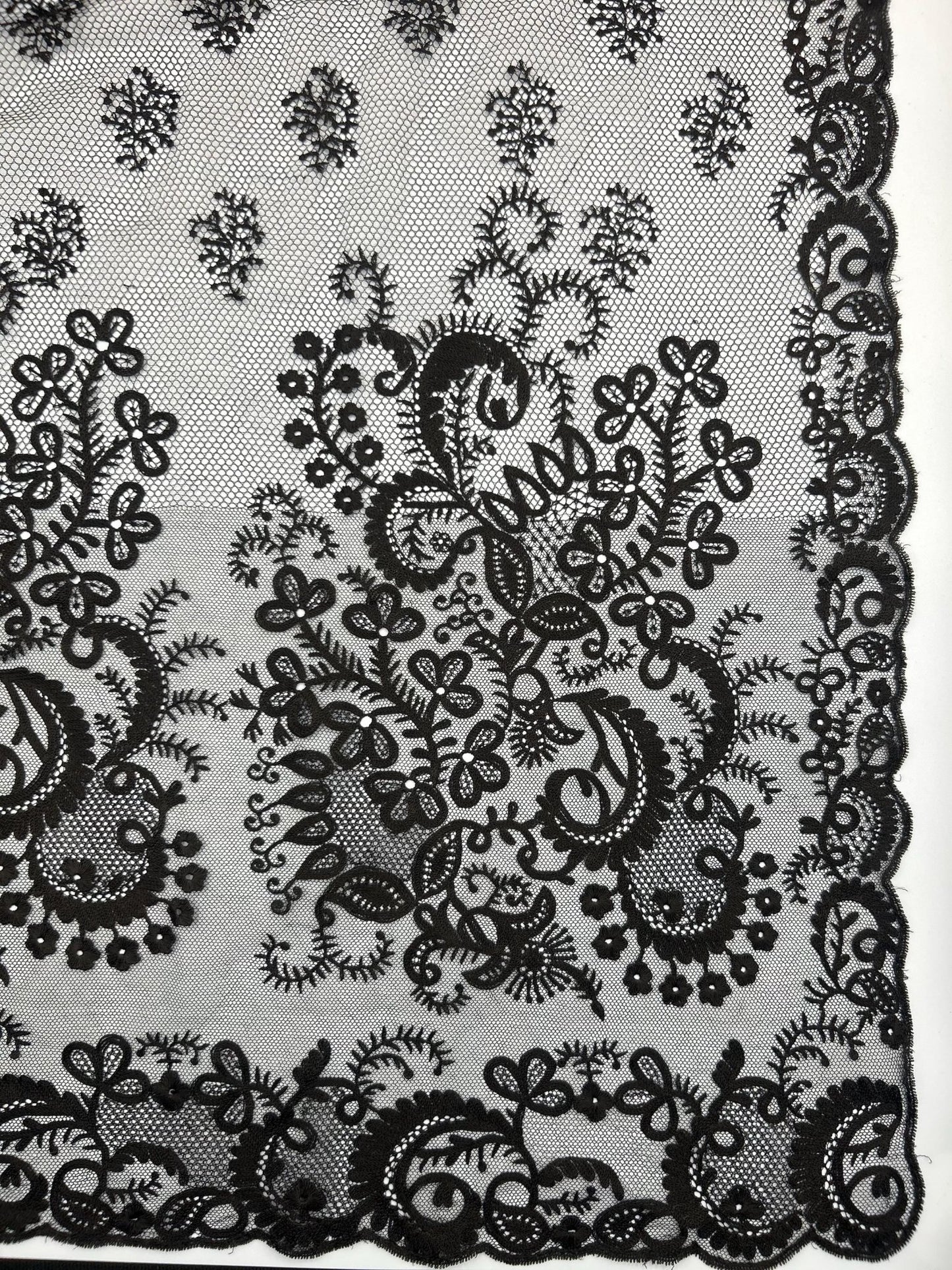 Antique black lace bonnet veil, lace panel close up of floral embroidered detail
