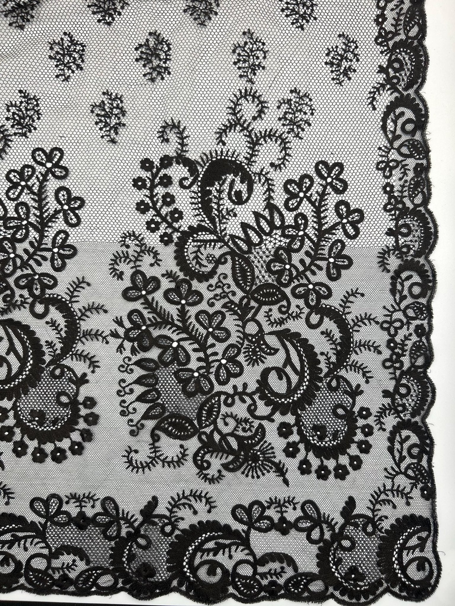 Antique black lace bonnet veil, lace panel close up of floral embroidered detail