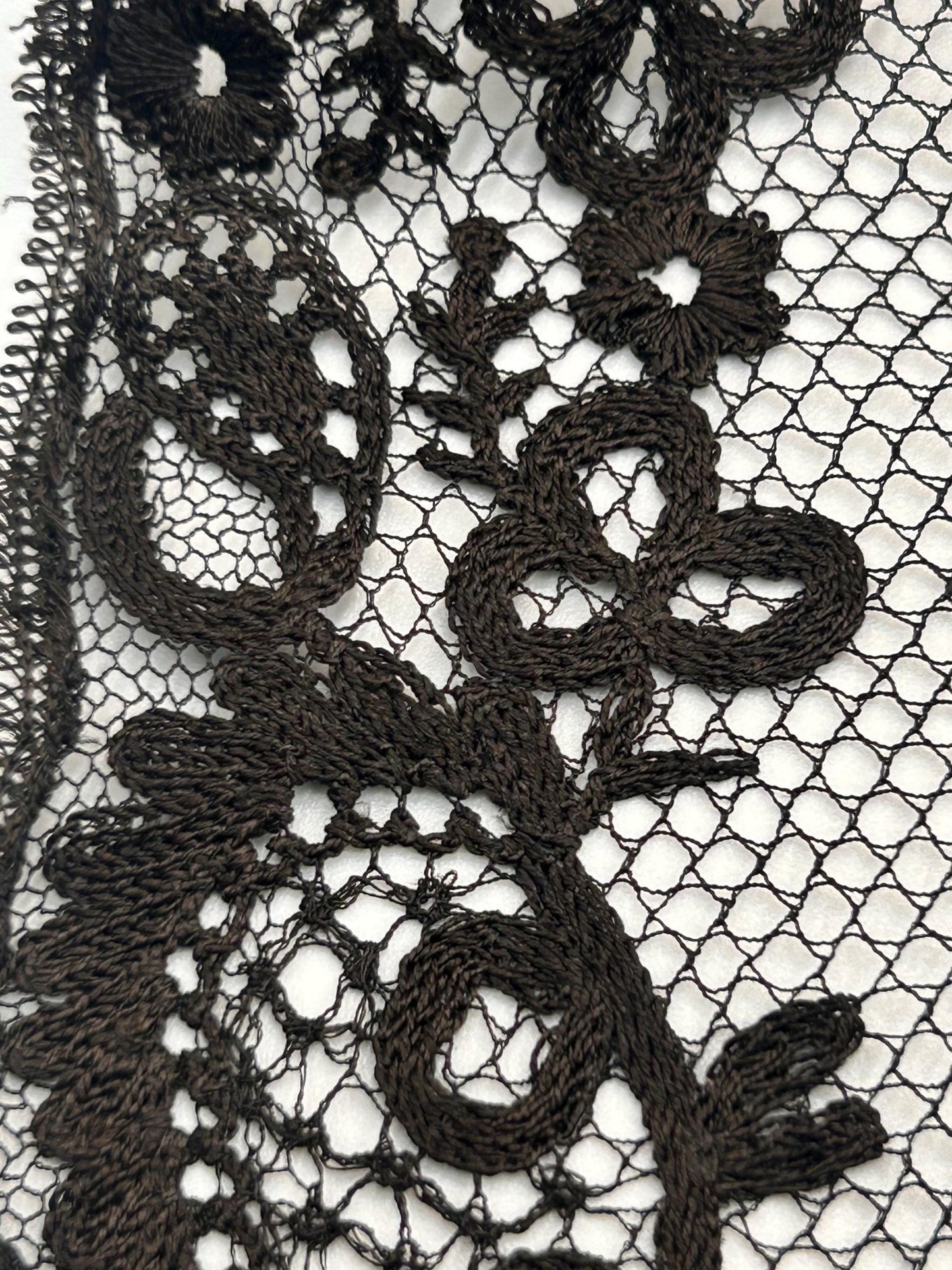 Close up of Antique black lace bonnet veil edge detail