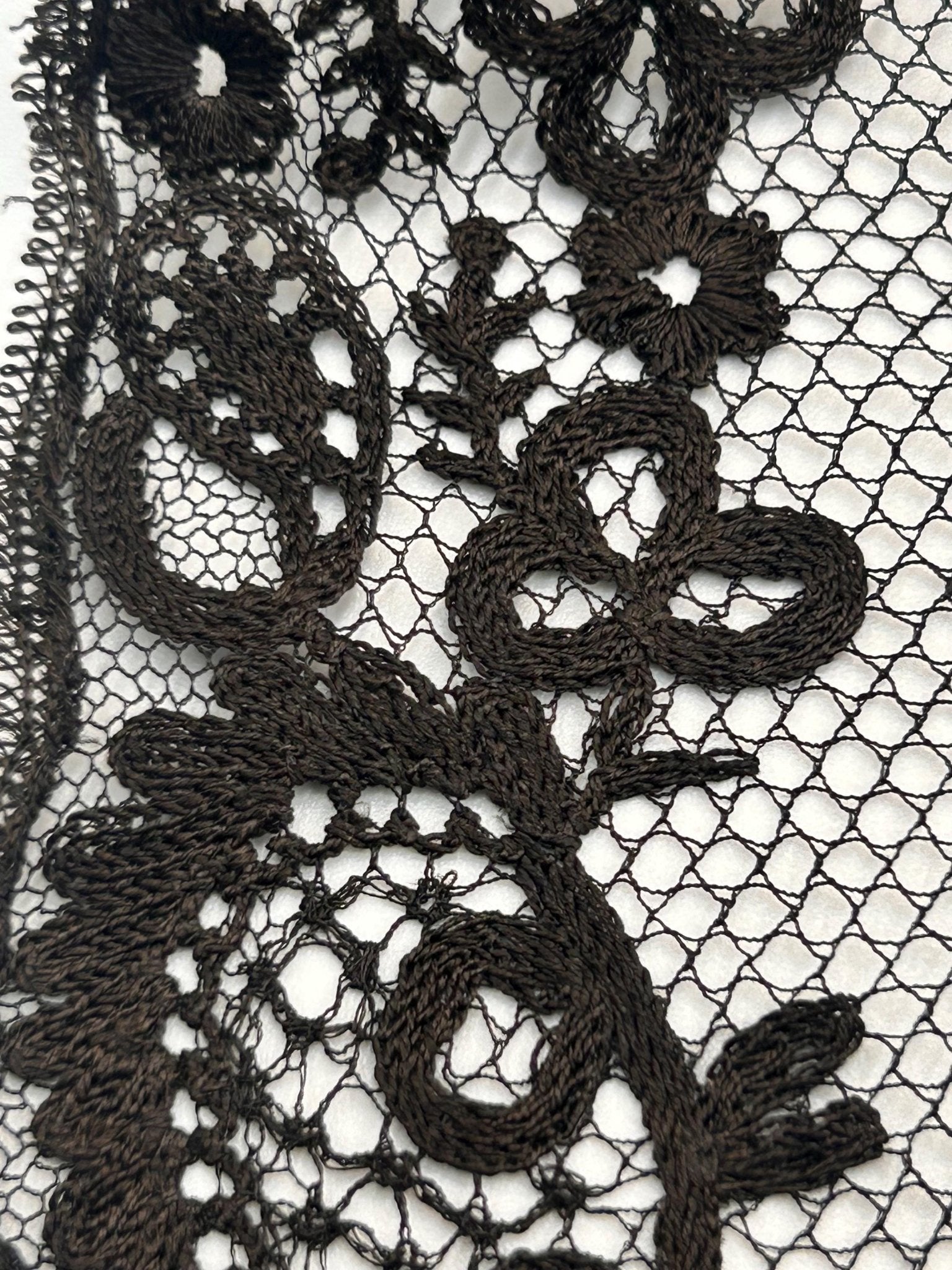 Close up of Antique black lace bonnet veil edge detail