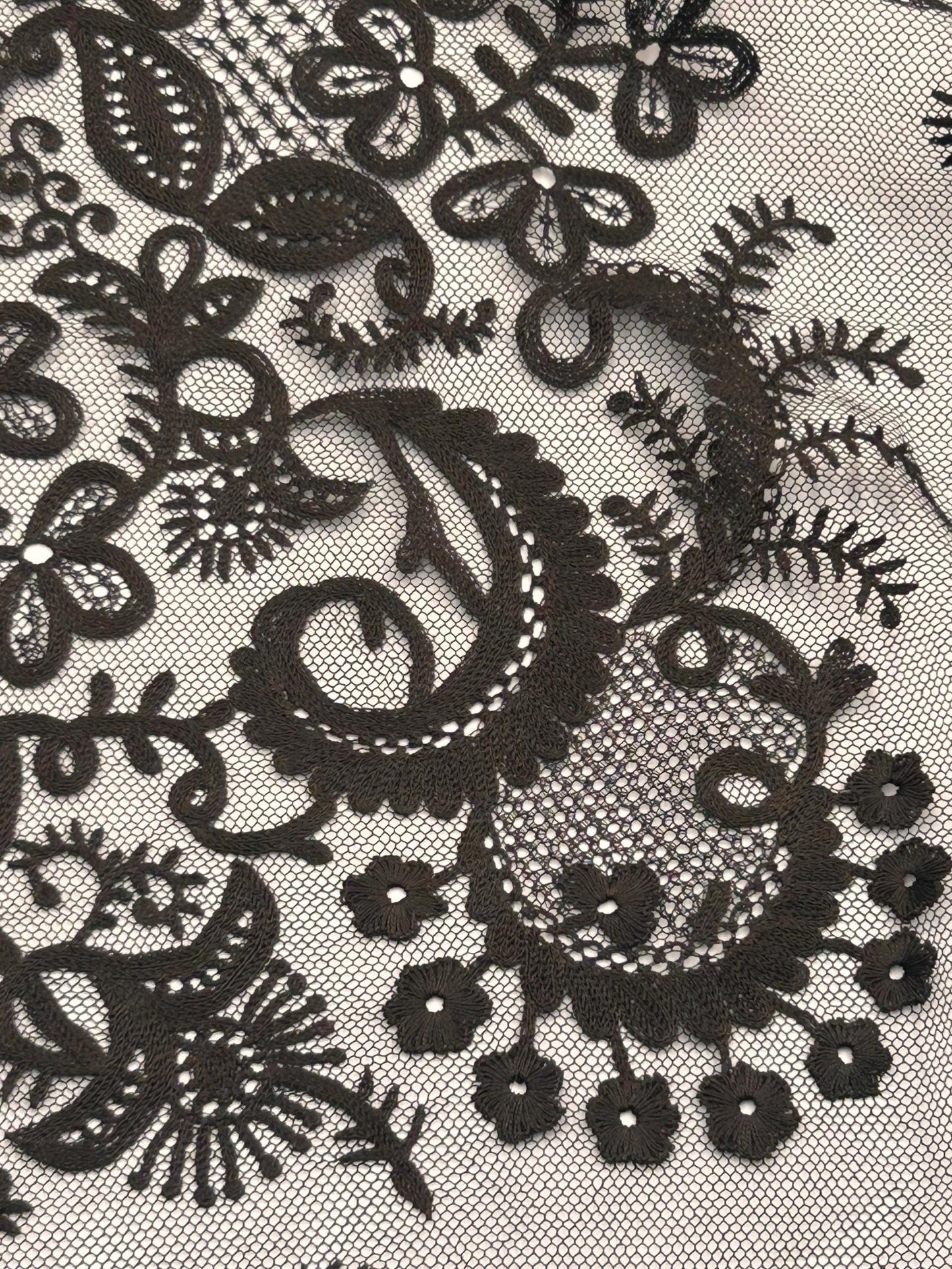 Antique black lace bonnet veil, lace panel with close up of detail