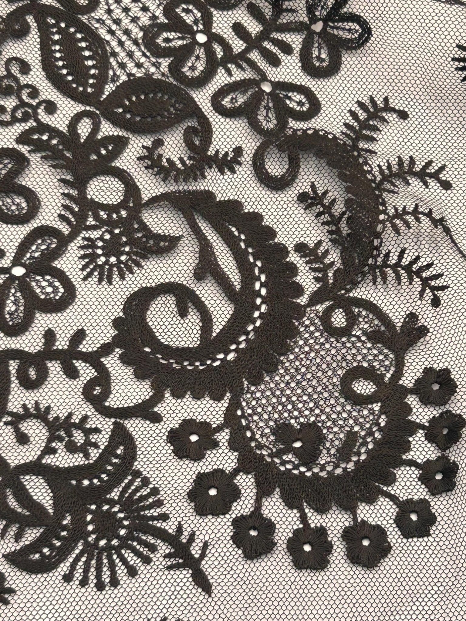 Antique black lace bonnet veil, lace panel with close up of detail