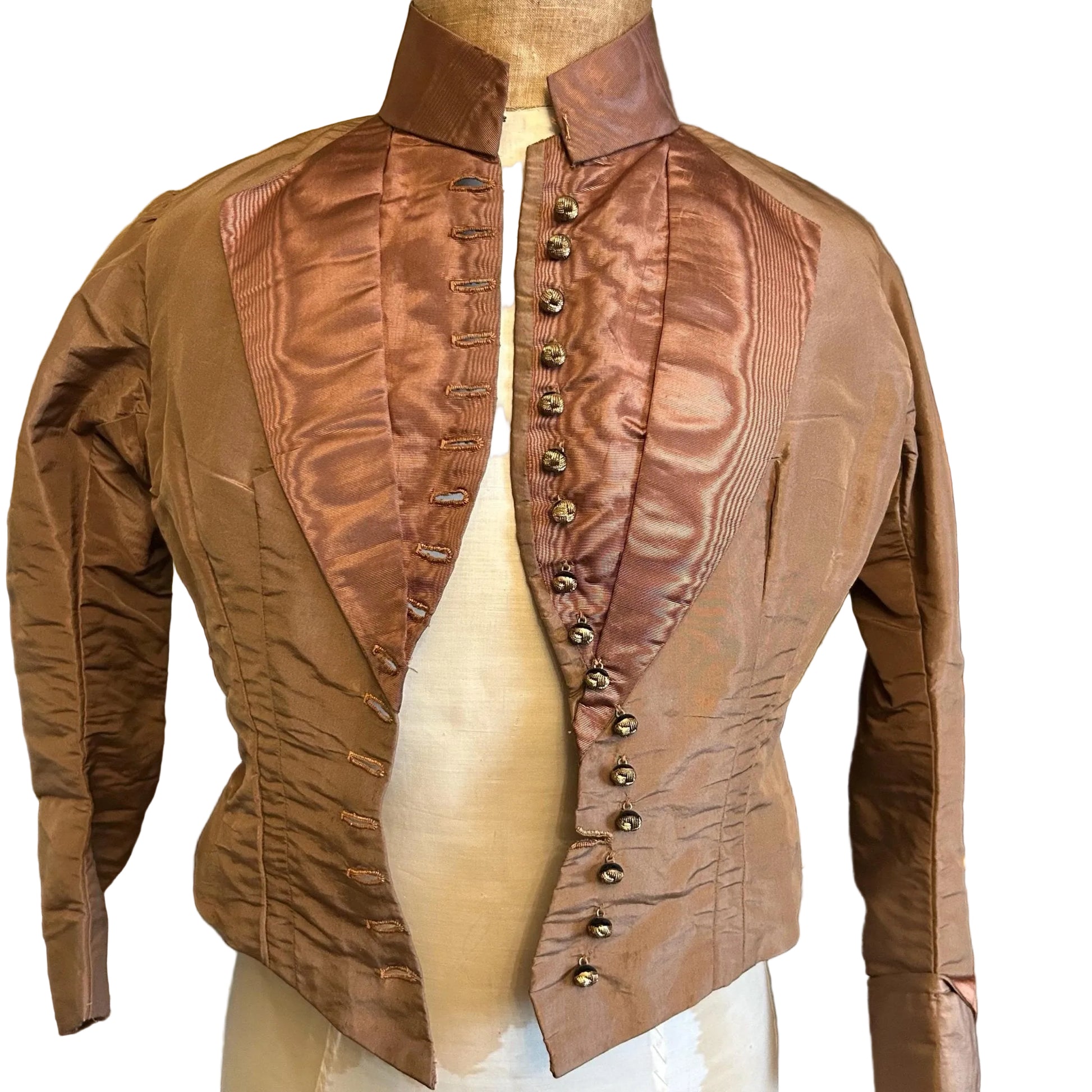 open Antique bodice brown copper moire silk with glass buttons on mannequin against white background - Splendid Vintage World