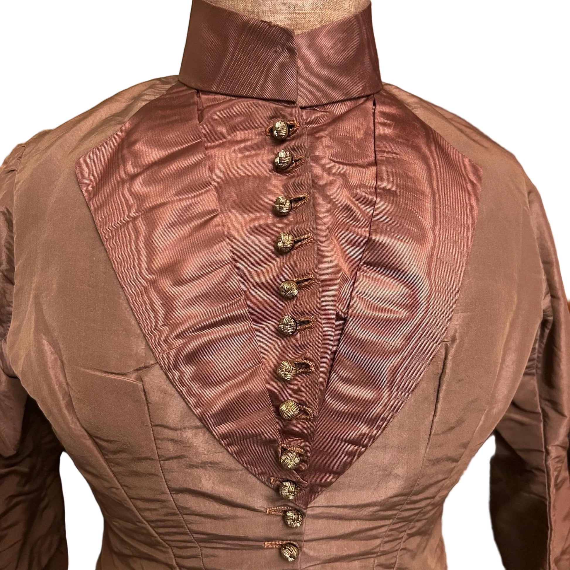Antique bodice in brown copper moire silk, glass buttons on white backdrop - Splendid Vintage World