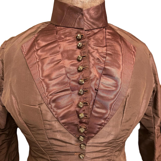 Antique bodice in brown copper moire silk, glass buttons on white backdrop - Splendid Vintage World