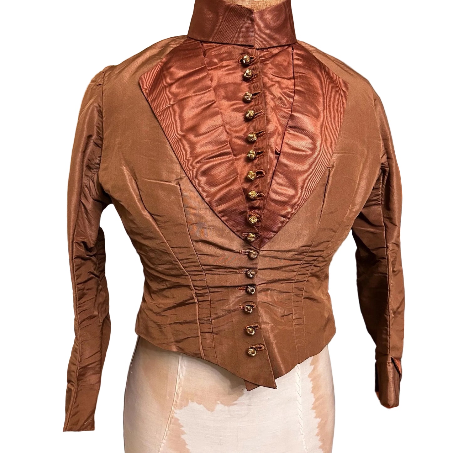 Antique bodice brown copper moire silk, glass buttons on mannequin against white background - Splendid Vintage World