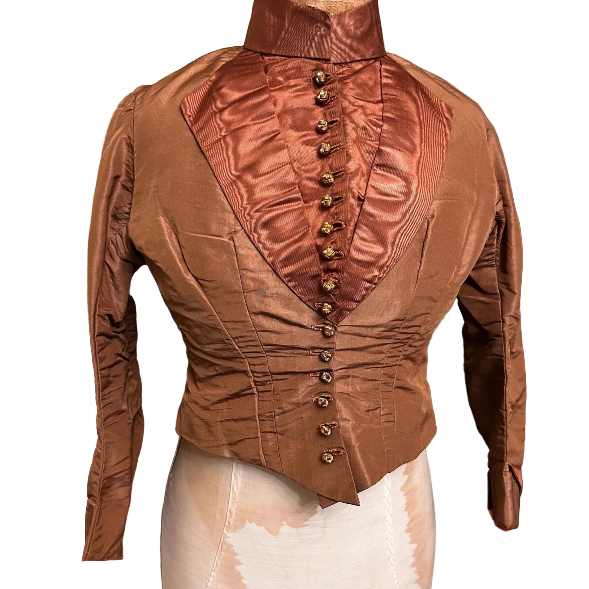 Antique bodice brown copper moire silk, glass buttons on mannequin against white background - Splendid Vintage World