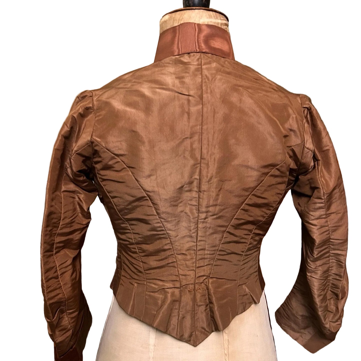 back view of Antique bodice in brown copper colour on mannequin with white background - Splendid Vintage World