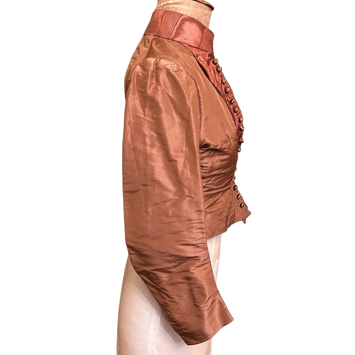 side view of Antique bodice in brown copper moire silk on mannequin on white background - Splendid Vintage World