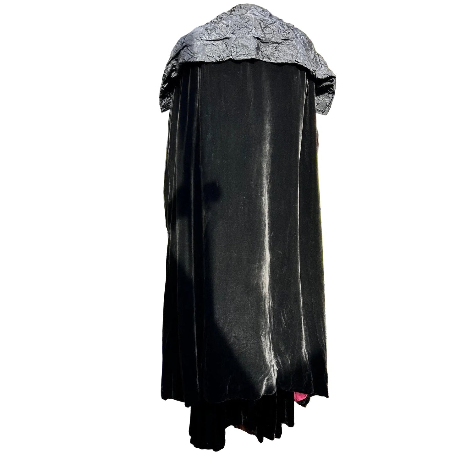 back view of full length Art Deco black velvet cocoon cape with feature collar on white background - Splendid Vintage World