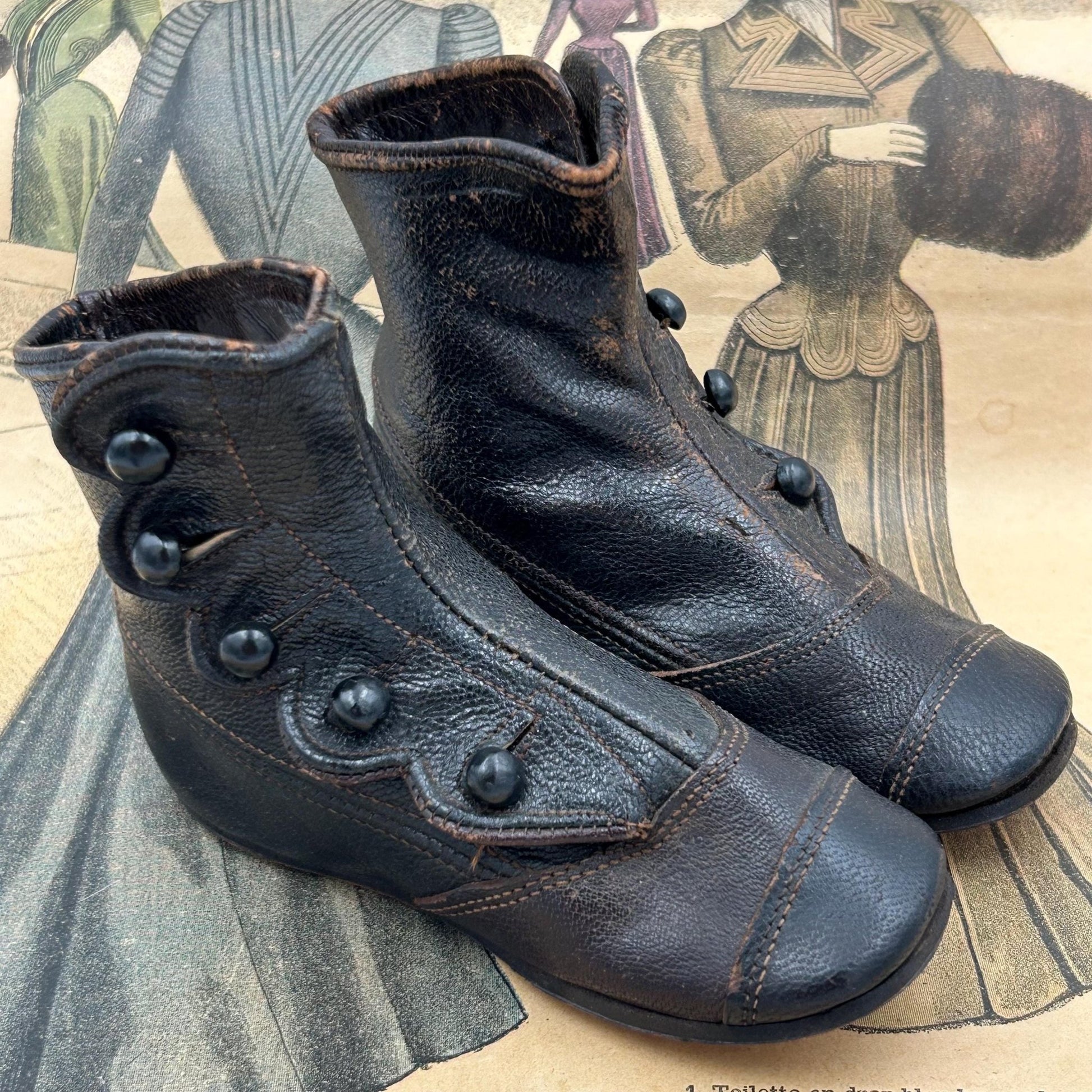 Antique Child's Black Leather Button Boots for Collectors or larger Dolls Shoes - Splendid Vintage World