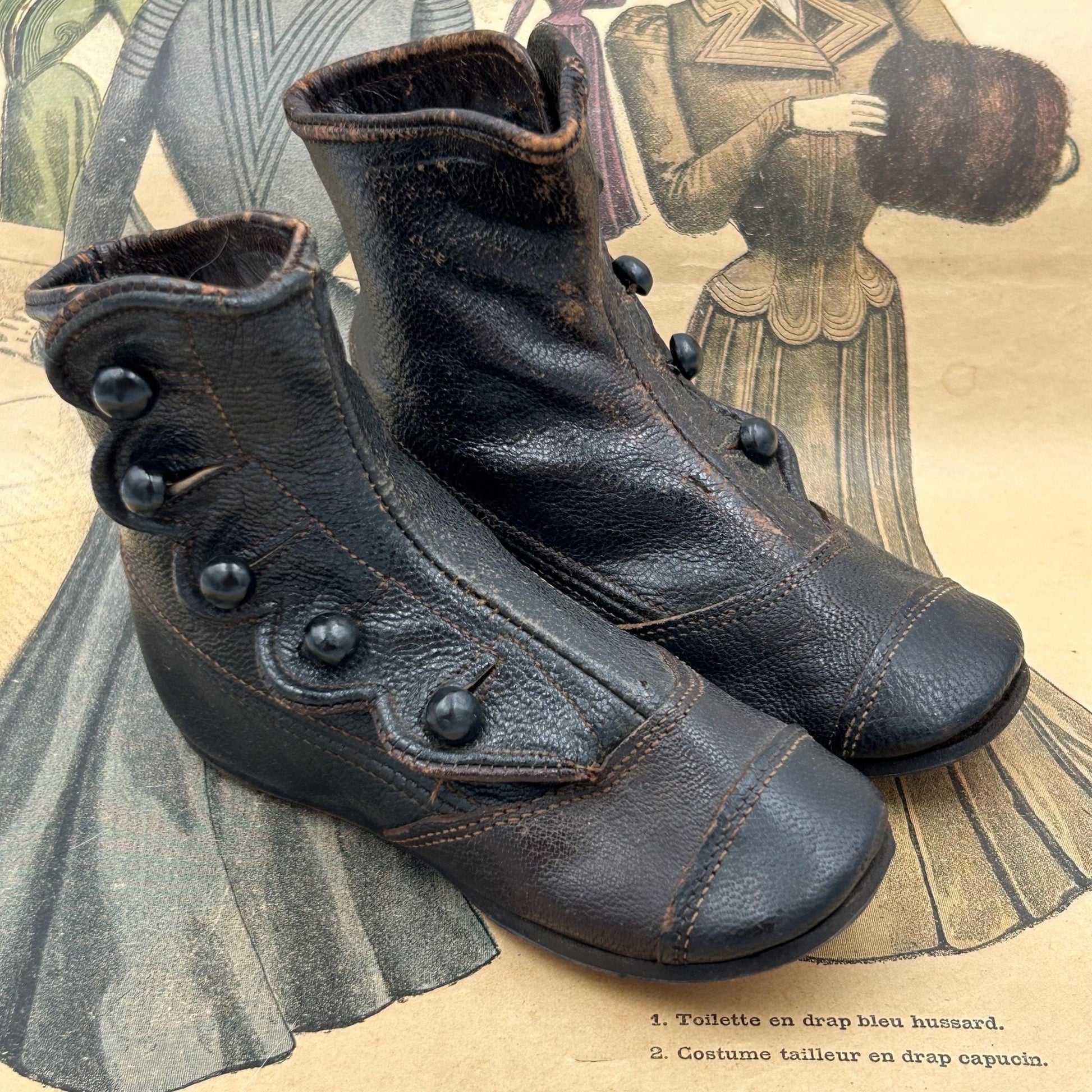 Antique Child's Black Leather Button Boots for Collectors or larger Doll boots - Splendid Vintage World