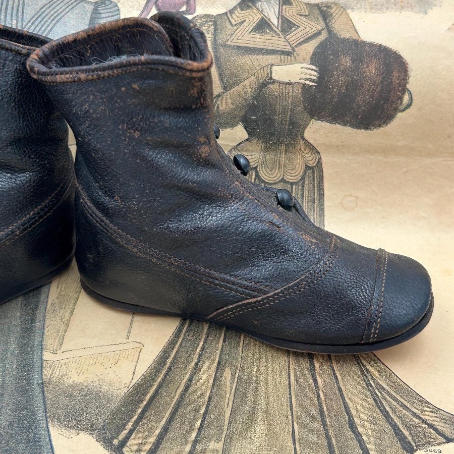 Antique Child's Black Leather Button Boots for Collectors, display or larger Doll Shoes - Splendid Vintage World