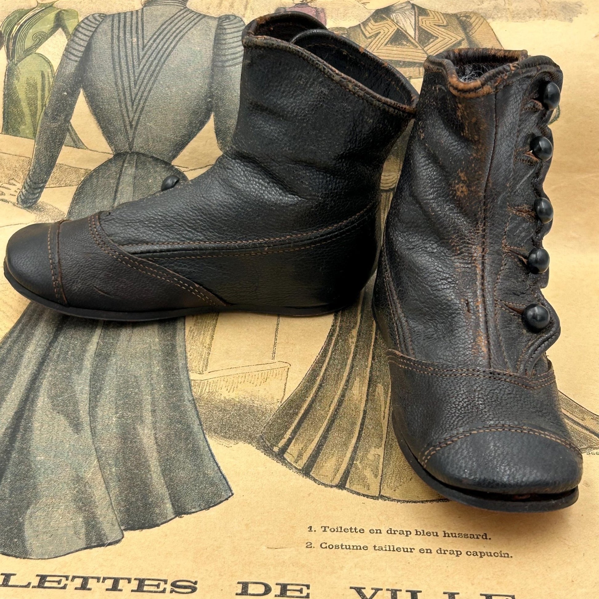 Antique Child's Black Leather Button Boots for Collectors or larger Doll boots - Splendid Vintage World