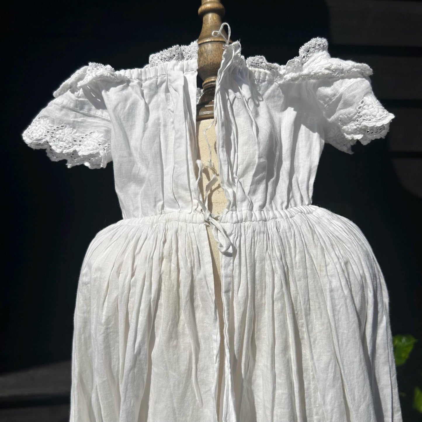 Antique Christening Gown White Cotton Lace Embroidery bodice against black ground - Splendid Vintage World